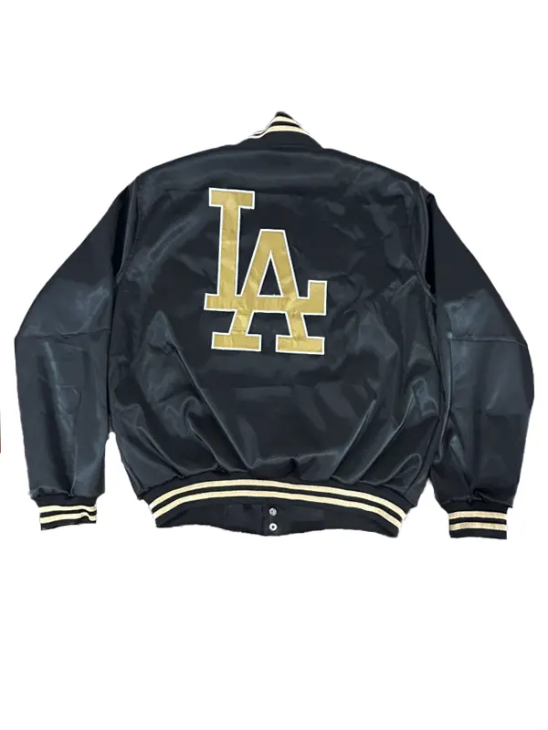 Back view of the black patches LA Dodgers gold jacket showing the clean design from America Jackets.