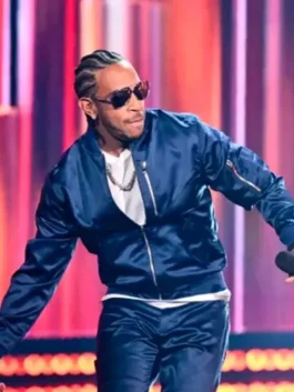 Ludacris performing in a premium satin bomber jacket with a sleek zipper closure and rib-knitted cuffs.
