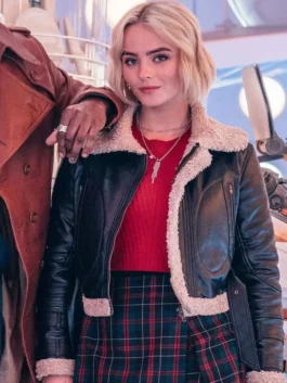 Millie Gibson Black Leather Shearling Jacket