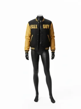 A professional studio shot of the black yellow letterman jacket from The Fall Guy, showcasing the premium black and yellow varsity jacket design.