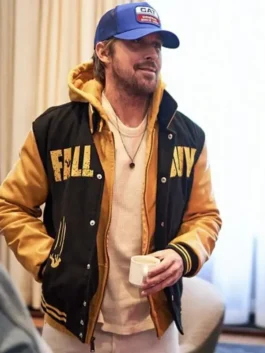 Ryan Gosling in The Fall Guy letterman jacket. A stylish black and yellow letterman jacket featuring high-quality embroidery and ribbed cuffs.