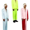 Collection of colorful Tyler the Creator Igor costumes in blue, lime, and pink-red combinations, inspired by the Igor suit Tyler the Creator wore on stage.
