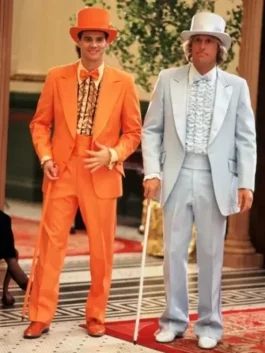 Dumb and Dumber suits featuring orange suit Dumb and Dumber and blue tuxedo outfit inspired by Lloyd and Harry’s classic look from the movie.