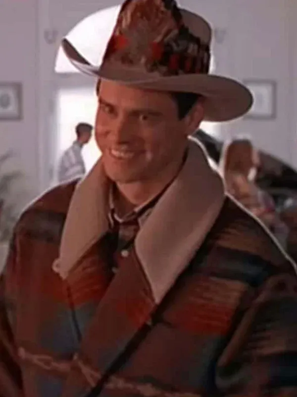 Jim Carrey smiling in Dumb and Dumber cowboy costume inspired by Lloyd Christmas bar scene outfit.