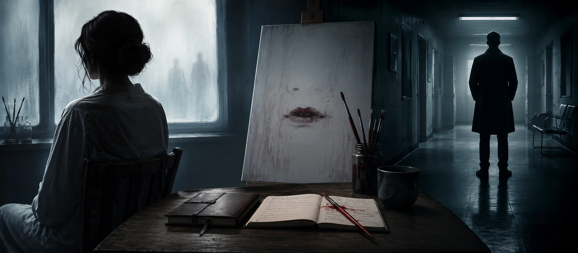 Theo Faber inspired therapist silhouette in a dark corridor for The Silent Patient movie update