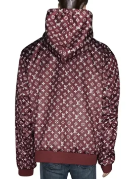 Back view of brown Supreme Louis Vuitton hoodie with monogram LV pattern, stylish Supreme x Louis Vuitton brown hoodie.