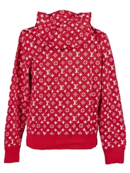 Back view of red Louis Vuitton Supreme hoodie with LV print, Supreme x Louis Vuitton collaboration streetwear hoodie.