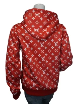 Supreme hoodie Louis Vuitton red back design with LV logo pattern, iconic Supreme x Louis Vuitton red hoodie.