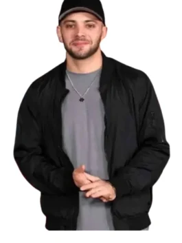 Men's black classic bomber jacket with ribbed trim and zipper closure, movie inspired.