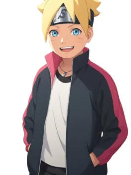 Boruto Uzumaki Next Generation Jacket, high collar, black color, anime character style.