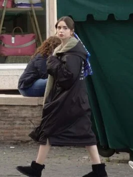 Emily In Paris S04 Emily Cooper Shearling Black Hooded Trench Coat