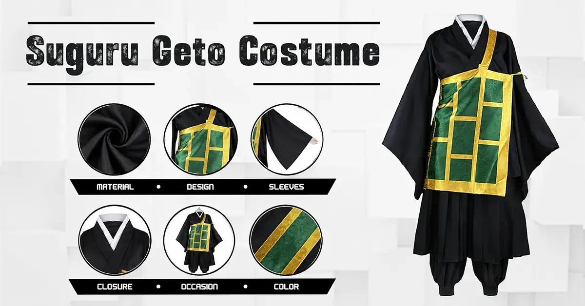 Comprehensive product infographic for the Jujutsu Kaisen Suguru Geto cosplay costume, highlighting its material texture, Buddhist monk robe design, wide sleeves, and closure details.
