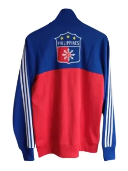 Back view of an Adidas Philippines jacket featuring a blue and red color block design with a central Philippines crest and three yellow stars.