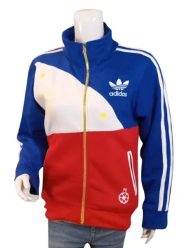 Front view of a Philippines track jacket by Adidas on a mannequin, showcasing the Filipino flag colors, white Trefoil logo, and gold zipper.