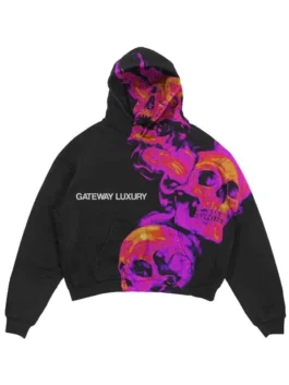 Gateway Luxury skully black hoodie with a thermal-style purple skull print, featuring high-quality pullover closure and the signature Gateway Luxury logo.