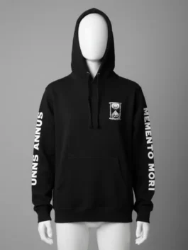 Black Unus Annus Founders Hoodie on a white mannequin. Hourglass logo and 