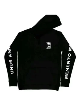 Black Unus Annus Founders Hoodie laid flat. Features hourglass logo and white "UNUS ANNUS MEMENTO MORI" sleeve printing. unus annus hoodie