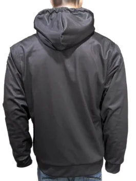 Back view of the solid black Coach hoodie showing the clean finish at America Jackets.
