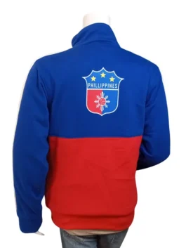 Rear view of a Philippine jackets Adidas design with a red bottom and blue top, highlighting the PH national shield and white stripes on sleeves.