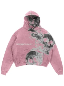 Gateway Luxury skully pink smoke hoodie with a vintage wash, featuring a black smoke skull design and comfortable viscose lining for a luxury feel.