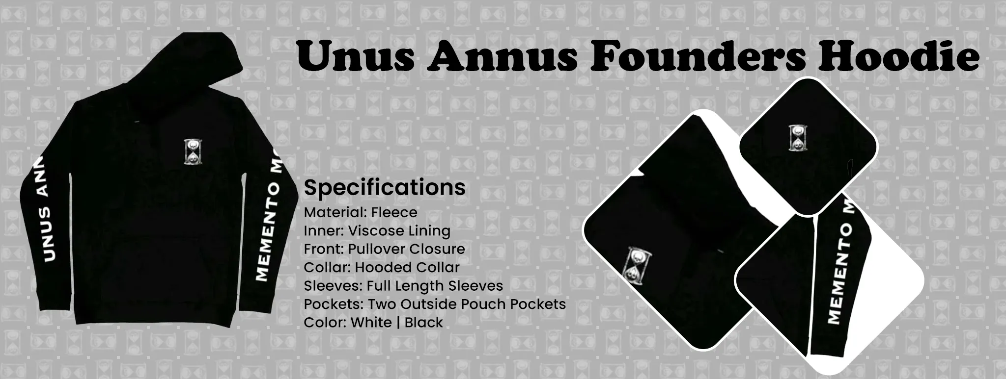 Unus Annus Founders Hoodie specifications and design. Black color with hourglass logo and "MEMENTO MORI" sleeve text. annus unus founders hoodie