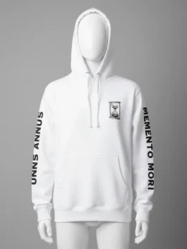 White Unus Annus Founders Hoodie on a white mannequin. Hourglass logo and black 