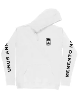 White Unus Annus Founders Hoodie laid flat with hood detail. Black hourglass logo and "MEMENTO MORI" sleeve text. annus unus founders hoodie