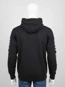 Unus Annus Founders Hoodie on a white mannequin, back view. The black unus annus sweatshirt has white text down both sleeves.