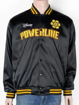 Front view of a black satin bomber jacket with yellow and black striped rib-knitted collar, cuffs, and hem.