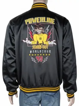 A modern black bomber jacket with yellow Powerline branding, ideal for casual streetwear or Disney-themed events.