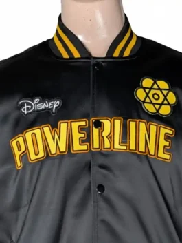 Full front display of the Disney Powerline Tour Bomber Jacket showcasing the tailored fit and sizing options.