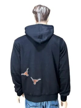Rear view of the UT hoodie men love, showcasing the detailed University of Texas Longhorns hoodie black finish with unique Cactus Jack Mitchell & Ness Texas hoodie graphics.