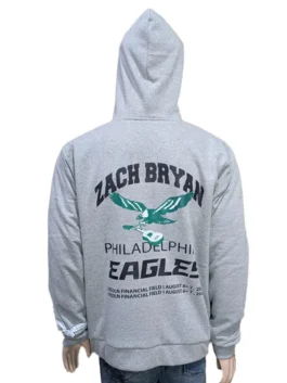 Back of the Zach Bryan Eagles sweatshirt showing a green eagle and guitar graphic with August tour dates at Lincoln Financial Field in Philly.