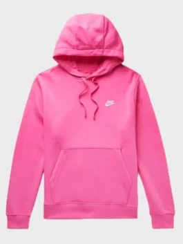 Hot pink Nike hoodie with the white swoosh logo, kangaroo pocket, and drawstrings. This pink Nike hoodie mens style is vibrant and comfortable.