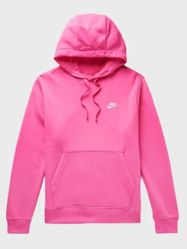 Hot pink Nike hoodie with the white swoosh logo, kangaroo pocket, and drawstrings. This pink Nike hoodie mens style is vibrant and comfortable.