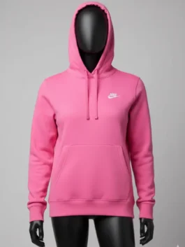 Mannequin wearing a simple, solid pink Nike hoodie mens style. A cozy pink Nike hoodie women's look or Nike men's pink sweatshirt for warmth and sporty fashion.