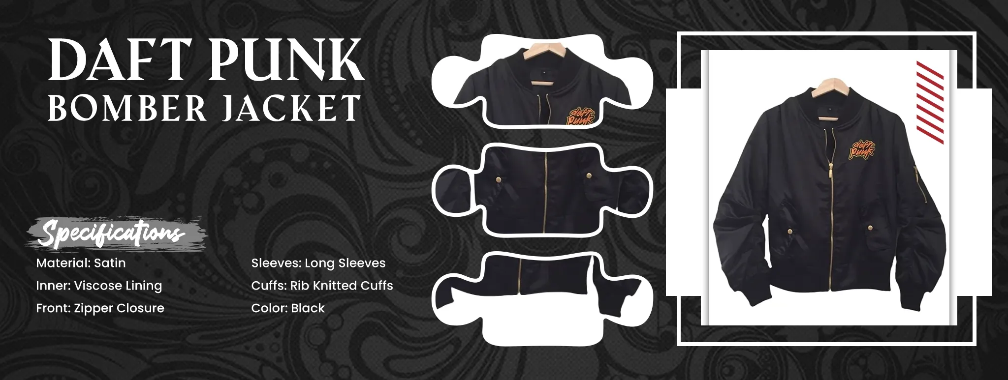 Daft Punk Bomber Jacket in black satin with gold zipper and logo patch, showcasing a sleek futuristic design inspired by the iconic music duo.