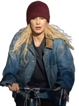 Women's classic blue denim jacket, button-front, structured fit, essential outerwear.