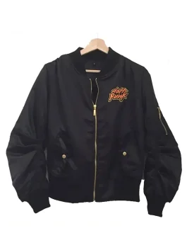 Black Daft Punk Bomber Jacket hanging on hanger with gold zipper and logo patch on the chest.