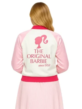 Back view of the Barbie varsity jacket, showing a silhouette logo and the text "THE ORIGINAL BARBIE since 1959."