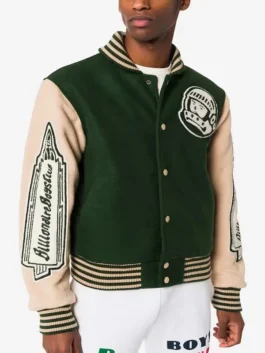 A high-quality miami dolphins varsity jacket in dark black with orange and teal details from America Jackets.