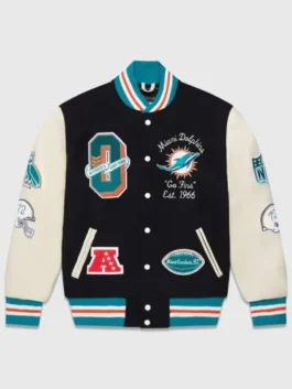A classic teal and orange miami dolphins varsity jacket with white sleeves from America Jackets.