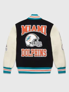 Front view of the sleek black miami dolphins varsity jacket with leather-style sleeves by America Jackets.