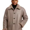 Oversized Taupe Leather Jacket with Shearling Cuff & Collar