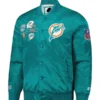 A stylish aqua Miami Dolphins Starter Jacket with a traditional snap button front and ribbed cuffs.