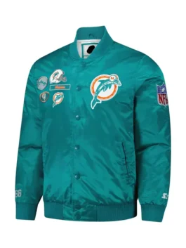 A stylish aqua Miami Dolphins Starter Jacket with a traditional snap button front and ribbed cuffs.