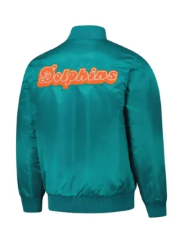 Back view of the aqua Miami Dolphins Starter Jacket showing the clean lines and athletic silhouette.