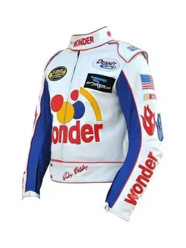 Side pose of women's Talladega Nights costume featuring vibrant colors and flame sleeves, trendy Talladega Nights costume for themed events.