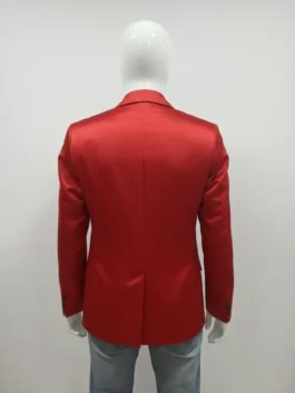 Back view of The Weeknd red jacket with a modern slim fit and single center vent, a key piece for an authentic Weeknd red blazer look.