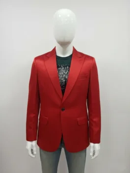 Front view of The Weeknd red blazer costume featuring a peak lapel and single-button closure, inspired by the iconic Weeknd red suit.